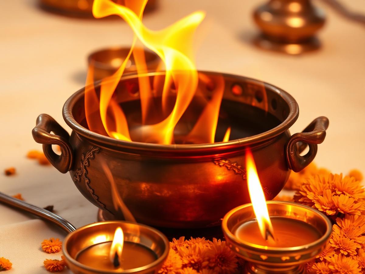 Sacred havan fire with copper kund and marigolds